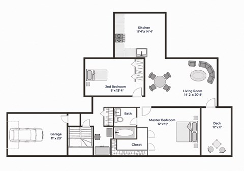 The Birch- Two Bedroom One Bathroom Floor Plan at The Village at Bridgewater, Bridgewater